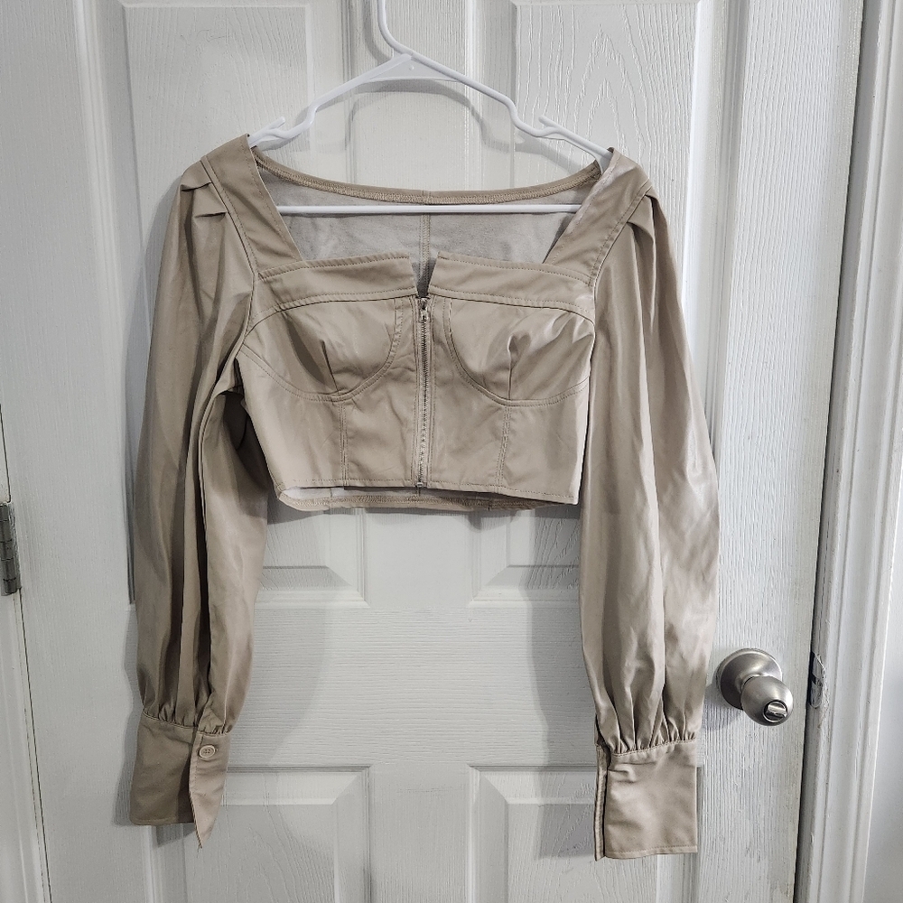 Coquette milkmaid corset beige cropped faux leather balloon statement sleeve SM - Picture 2 of 10